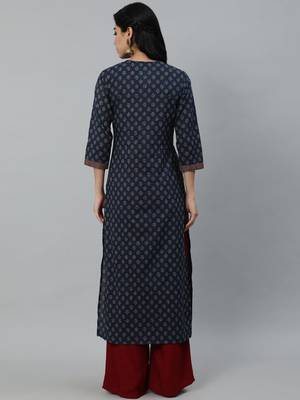 Navy Blue Printed Cotton Kurta 4