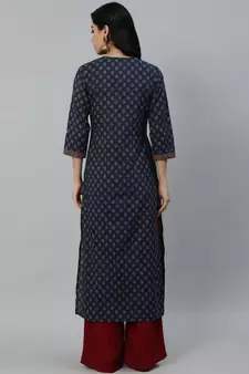 Navy Blue Printed Cotton Kurta