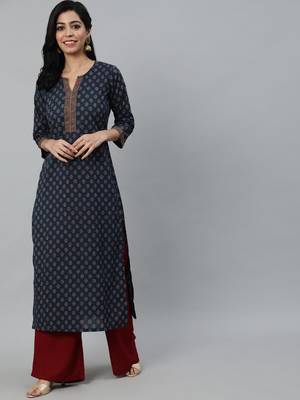 Navy Blue Printed Cotton Kurta 5