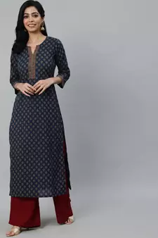Navy Blue Printed Cotton Kurta