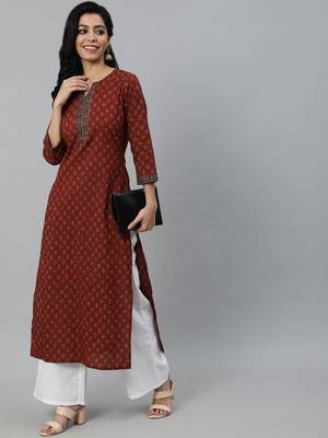Maroon Printed Cotton Kurta 1