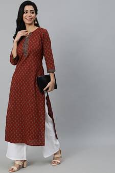 Maroon Printed Cotton Kurta
