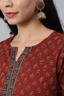 Maroon Printed Cotton Kurta