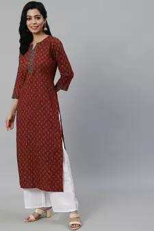 Maroon Printed Cotton Kurta