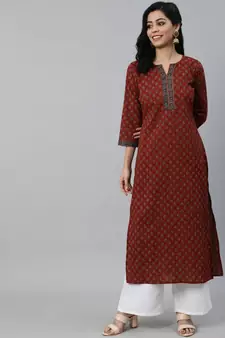 Maroon Printed Cotton Kurta