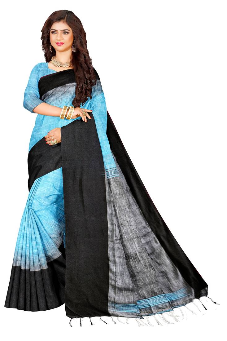 Blue woven cotton saree with blouse