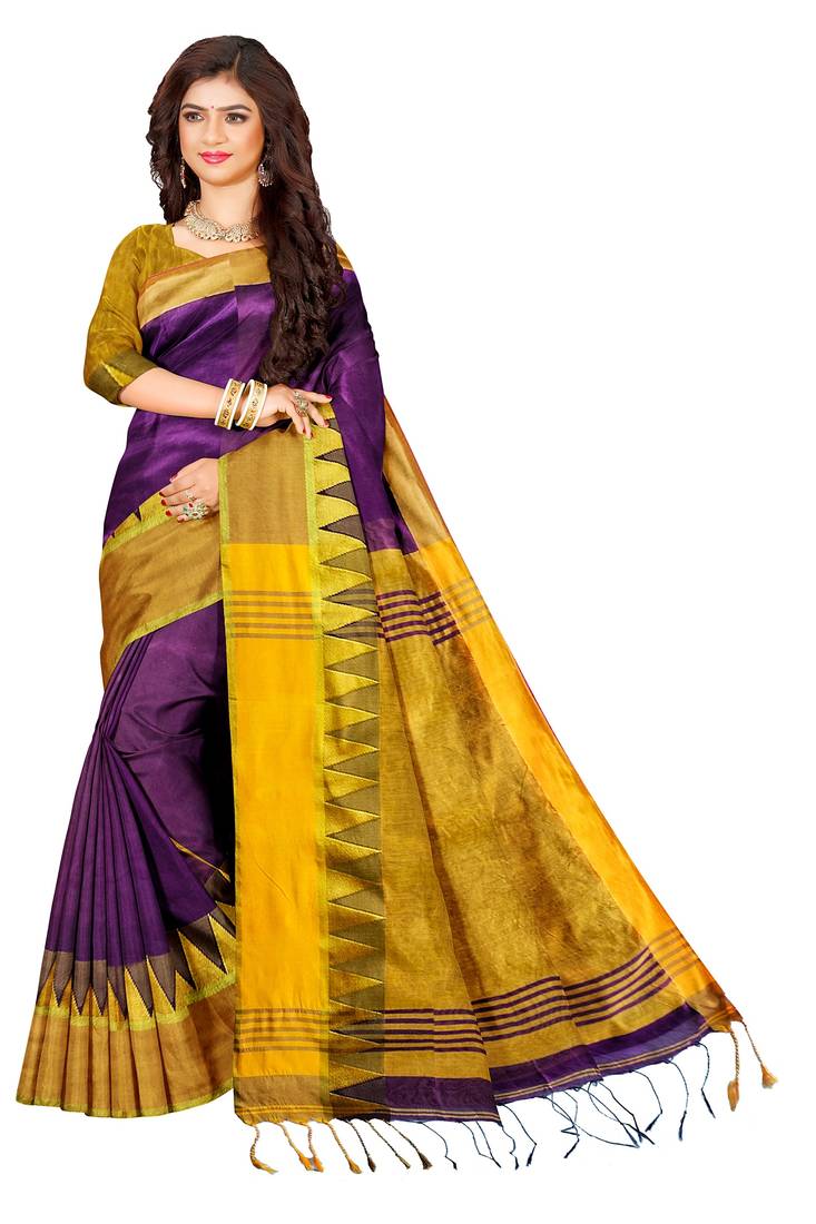 Purple woven cotton silk saree with blouse
