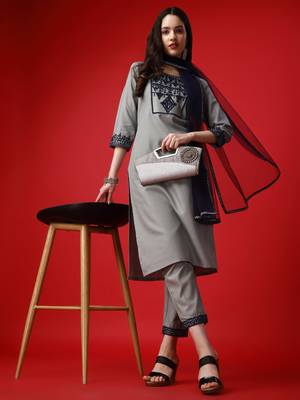 Alluring Cotton Blend Fabric Straight Embroidered Kurta, Pant & Soft net Dupatta Set 1