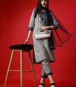 Alluring Cotton Blend Fabric Straight Embroidered Kurta, Pant & Soft net Dupatta Set