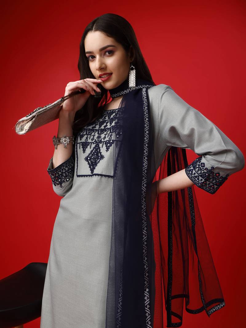 Alluring Cotton Blend Fabric Straight Embroidered Kurta, Pant & Soft net Dupatta Set