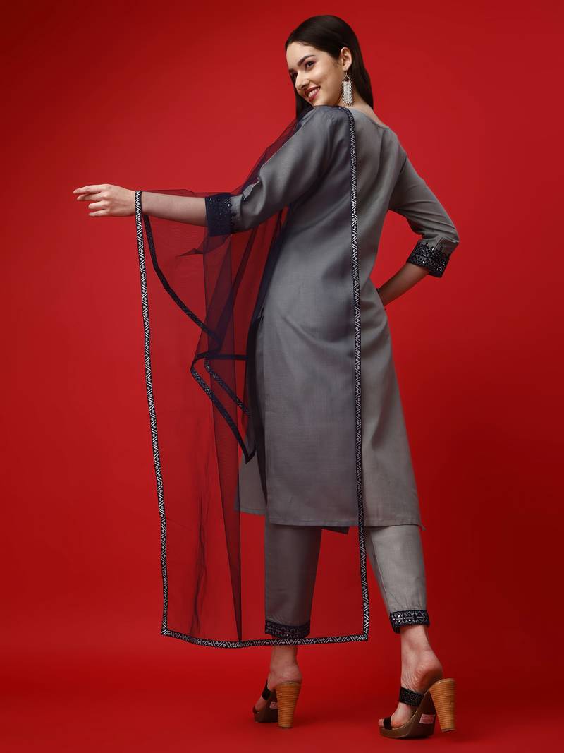 Alluring Cotton Blend Fabric Straight Embroidered Kurta, Pant & Soft net Dupatta Set