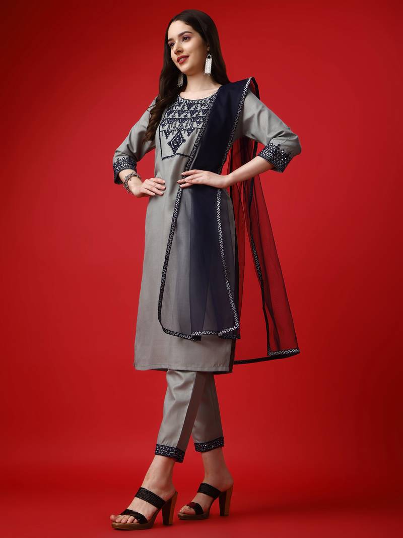 Alluring Cotton Blend Fabric Straight Embroidered Kurta, Pant & Soft net Dupatta Set