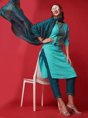 Stitched Kurta, Pant and Dupatta Set With Sequence work and Embroidered Work with Viscose Rayon Kurta Set 1