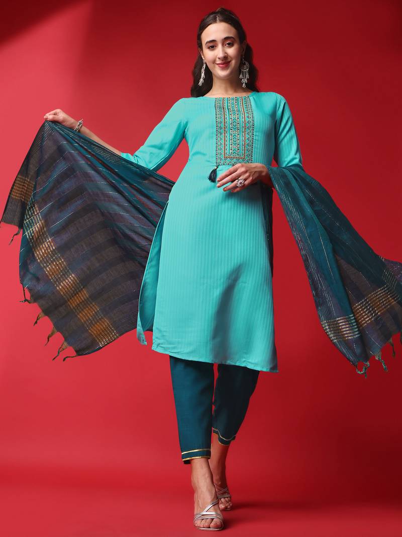 Stitched Kurta, Pant and Dupatta Set With Sequence work and Embroidered Work with Viscose Rayon Kurta Set