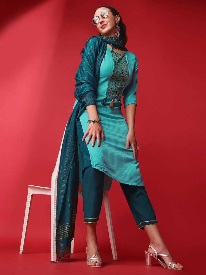 Stitched Kurta, Pant and Dupatta Set With Sequence work and Embroidered Work with Viscose Rayon Kurta Set