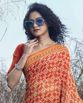 Orange printed georgette saree with blouse 2
