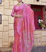 Pink printed chiffon saree with blouse