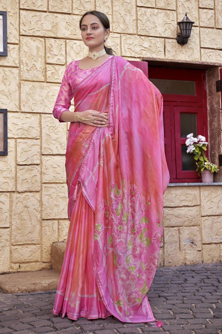 Pink printed chiffon saree with blouse