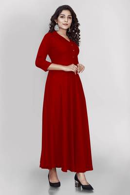Red plain viscose rayon long-kurtis 5