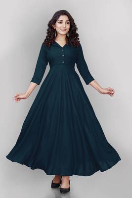Teal plain viscose rayon long-kurtis 1
