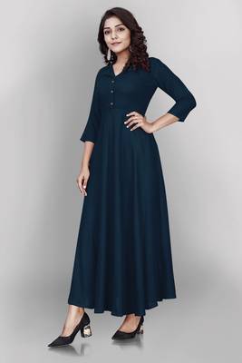 Teal plain viscose rayon long-kurtis 5