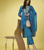 Embroidered Work Slub Rayon Fabric Straight Kurta, Pant and Dupatta Set