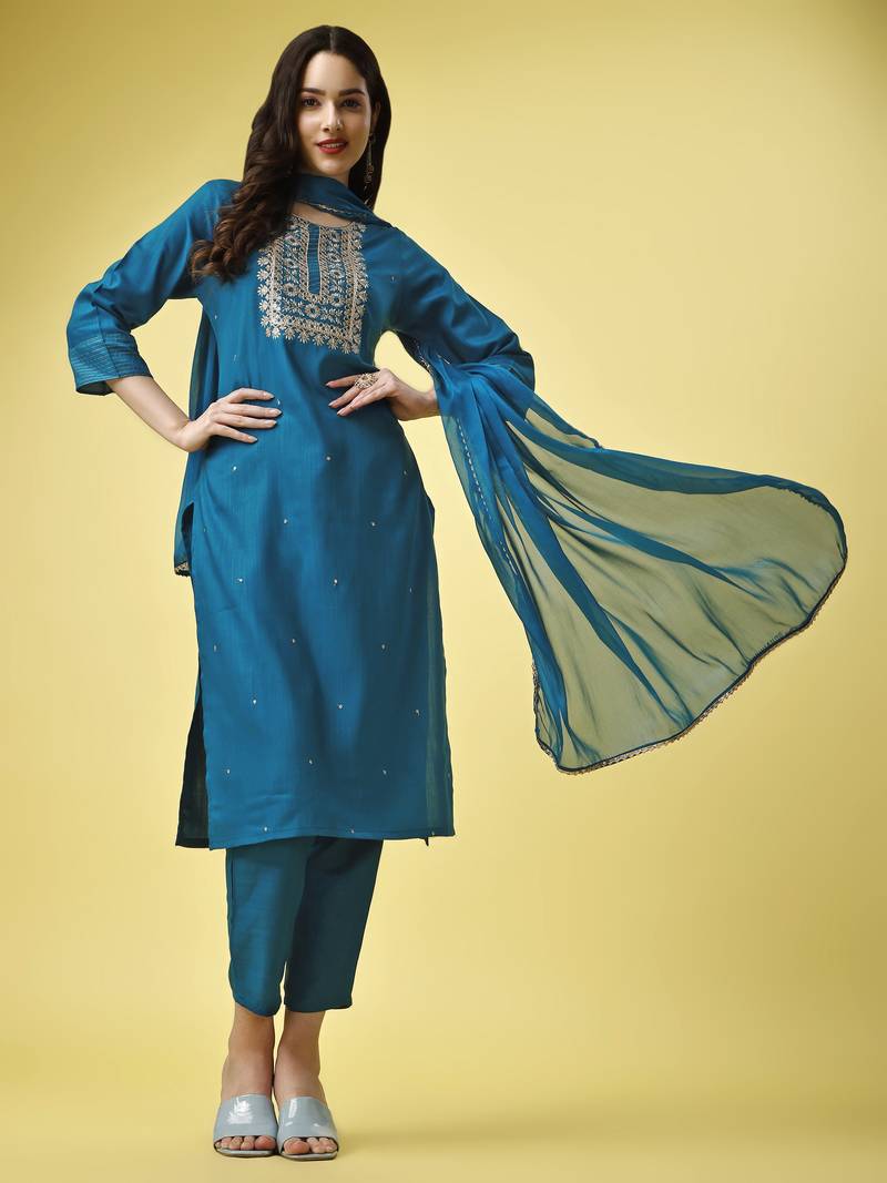 Embroidered Work Slub Rayon Fabric Straight Kurta, Pant and Dupatta Set