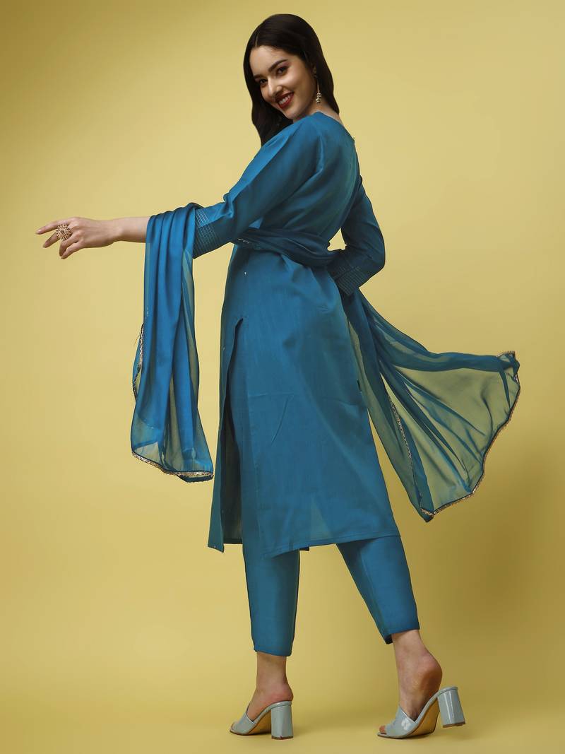 Embroidered Work Slub Rayon Fabric Straight Kurta, Pant and Dupatta Set