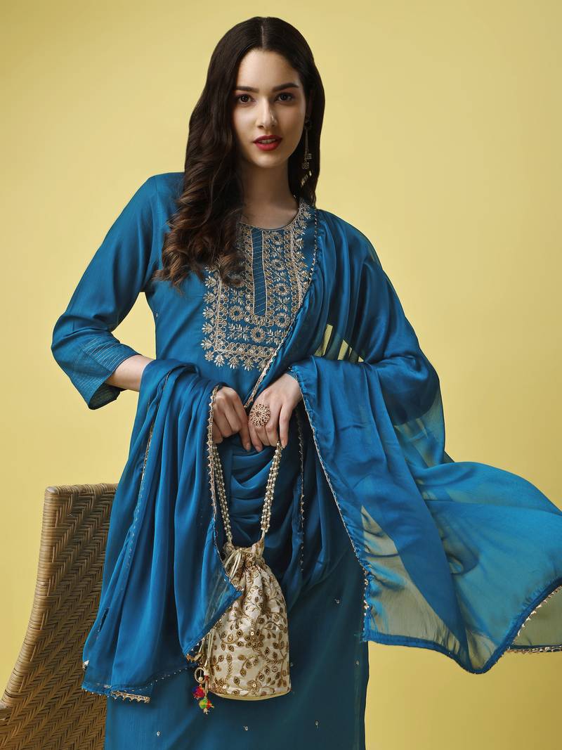 Embroidered Work Slub Rayon Fabric Straight Kurta, Pant and Dupatta Set