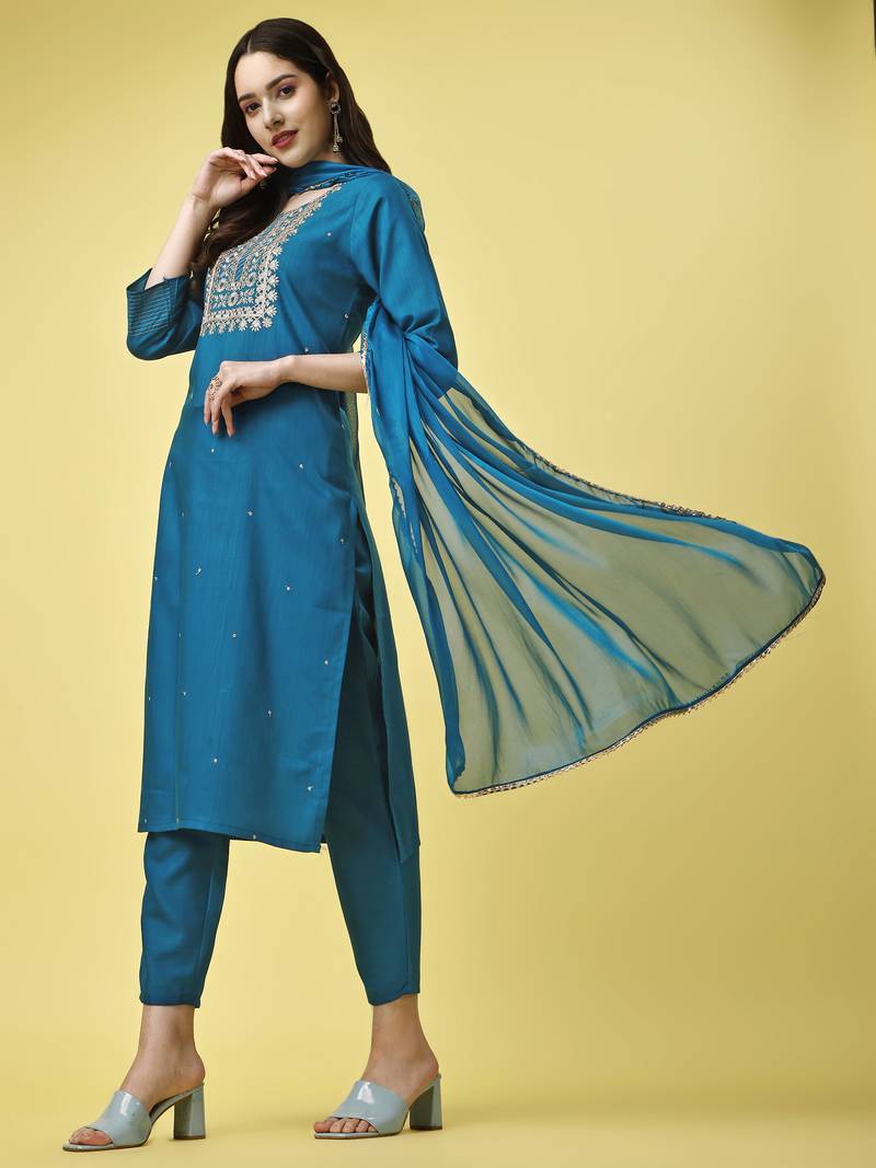 Embroidered Work Slub Rayon Fabric Straight Kurta, Pant and Dupatta Set