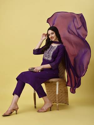 Embroidered Work Slub Rayon Straight Kurta Pant and Dupatta Set 1