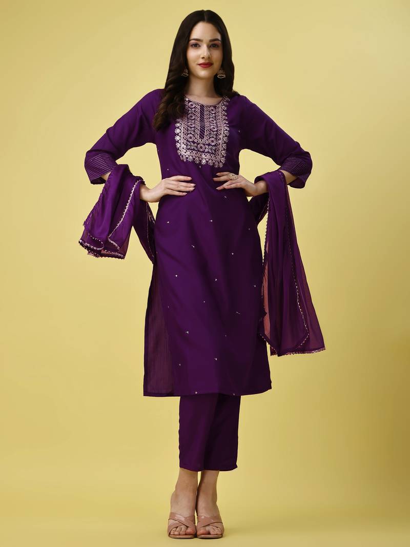 Embroidered Work Slub Rayon Fabric Straight Kurta, Pant and Dupatta Set