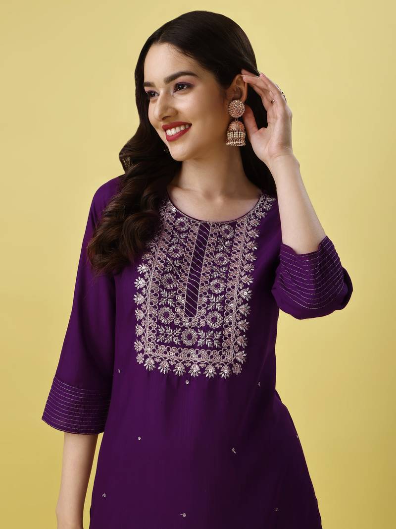 Embroidered Work Slub Rayon Fabric Straight Kurta, Pant and Dupatta Set