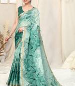 Green Printed Cotton Saree With Blouse