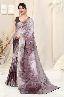 Wine Printed Cotton Saree With Blouse