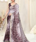 Wine Printed Cotton Saree With Blouse