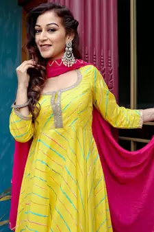 Women's Rayon INDI Stripes Leheriya Printed Flared Anarkali Kurti With Pant & Nazmin Dupatta Set
