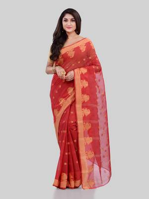 Red Woven Cotton Saree Without Blouse 1
