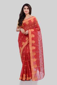 Red Woven Cotton Saree Without Blouse