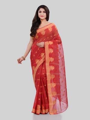 Red Woven Cotton Saree Without Blouse 2