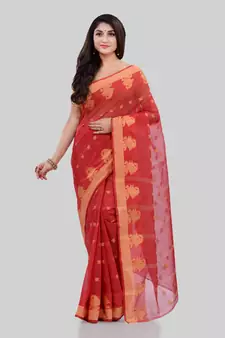 Red Woven Cotton Saree Without Blouse