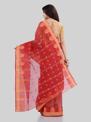 Red Woven Cotton Saree Without Blouse 3
