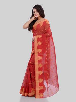 Red Woven Cotton Saree Without Blouse 4
