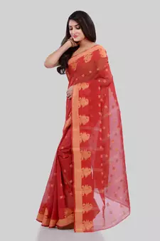 Red Woven Cotton Saree Without Blouse