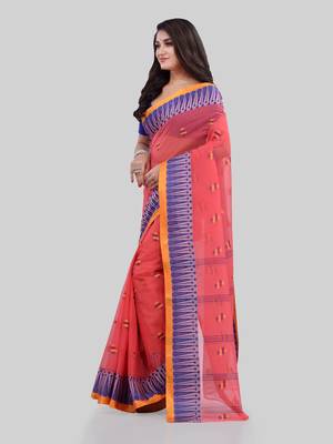 Red Woven Cotton Saree Without Blouse 4