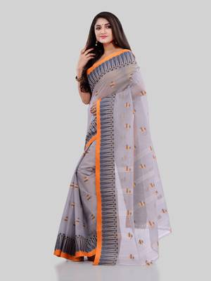 Grey Woven Cotton Saree Without Blouse 4