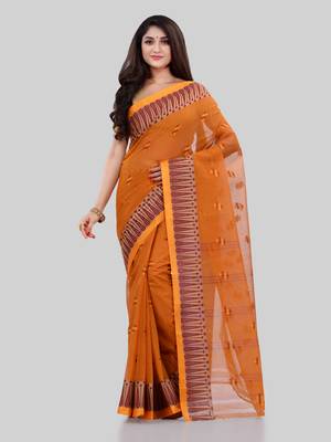 Orange Woven Cotton Saree Without Blouse 1