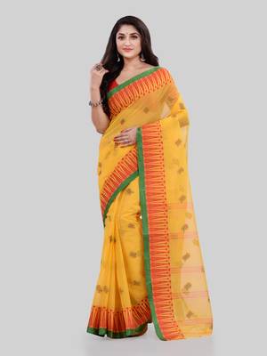 Yellow Woven Cotton Saree Without Blouse 1