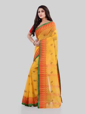 Yellow Woven Cotton Saree Without Blouse 4