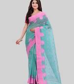 Turquoise Woven Cotton Saree Without Blouse